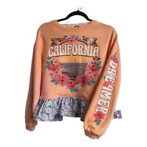 Peach “California” Crewneck + Daisy Peplum Ruffle | Handmade Upcycle Size M
